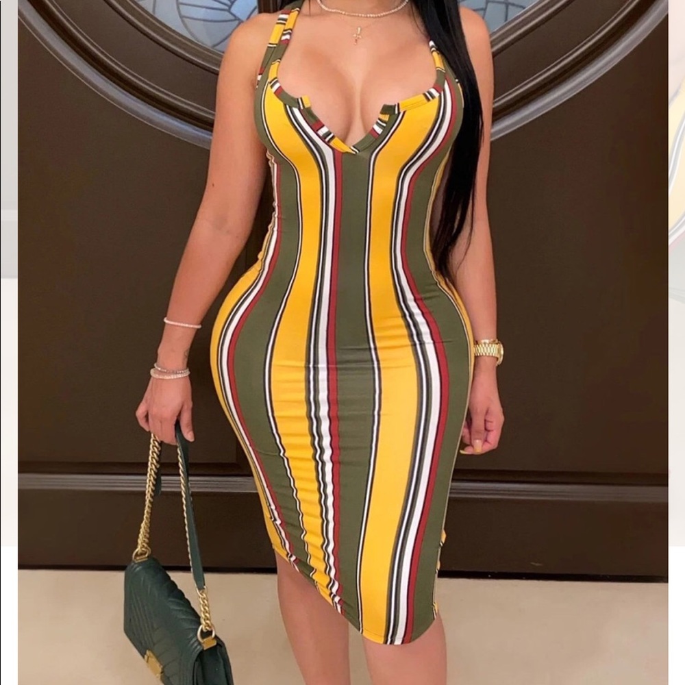 Yellow and green striped Bodycon dress